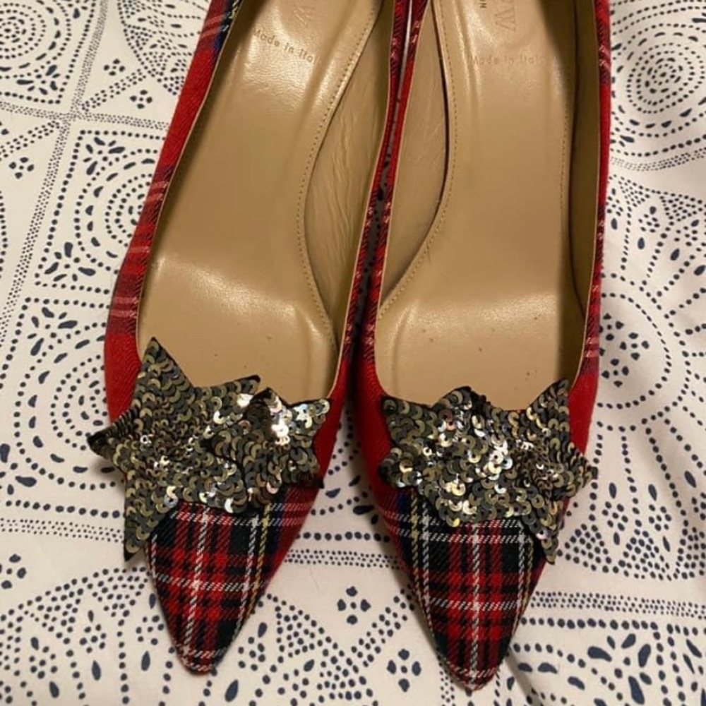 J.Crew Collection Red Tartan Heels with Sequin Stars